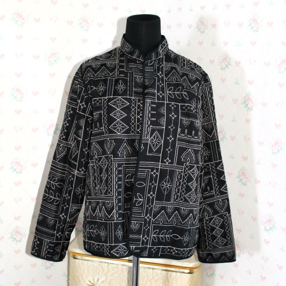 Alfred Dunner Lightweight Open Black Embroidered Jacket Blazer, 8P